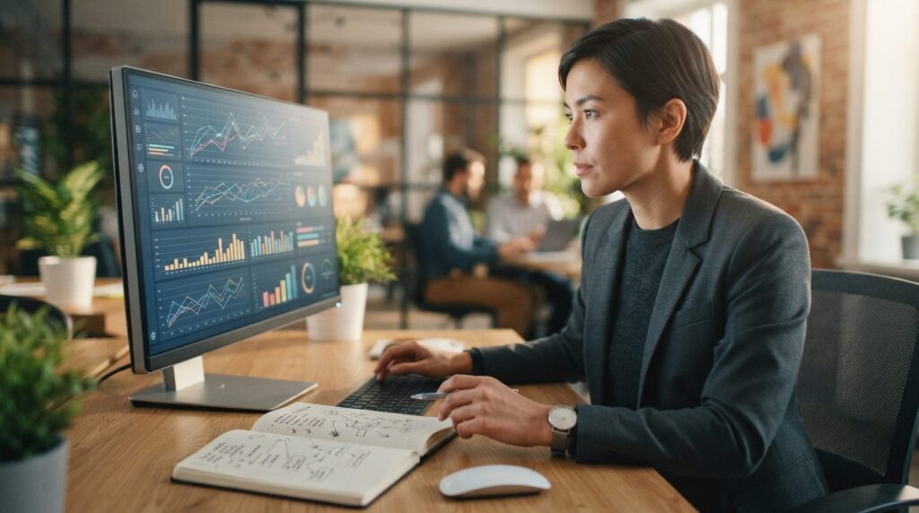 Close-up of business professional reviewing SEO metrics and 