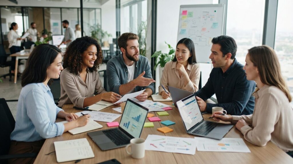 Team of digital marketing professionals collaborating around