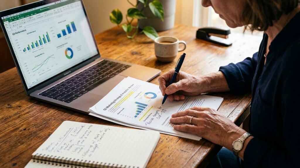 Close-up of business owners hands reviewing printed content