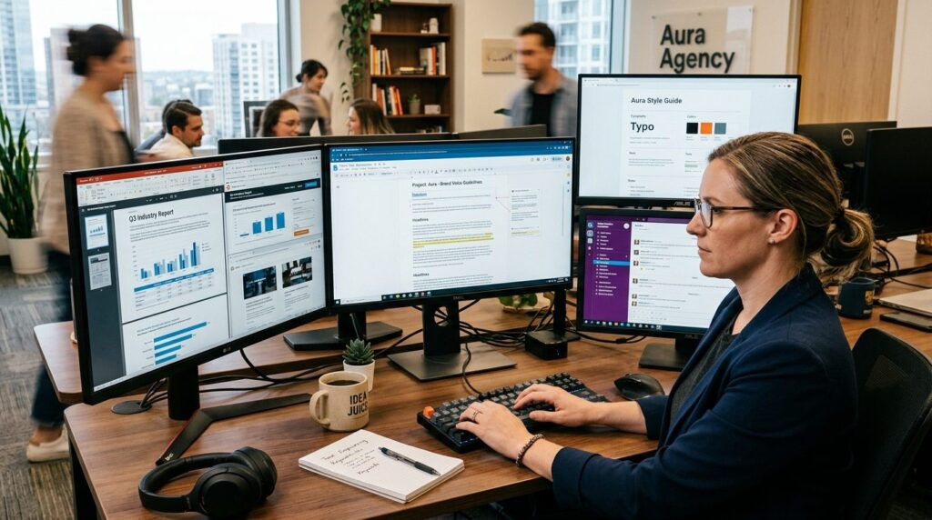 Professional copywriter or content specialist working at des