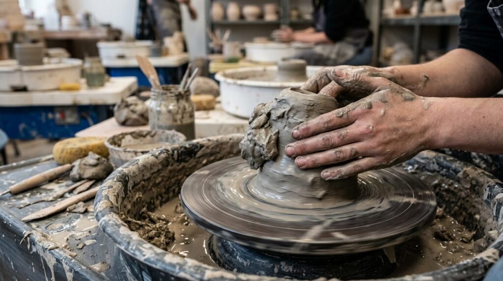 Close-up photorealistic image of a beginner pottery student