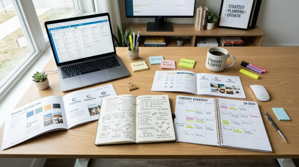 Wide-angle professional photograph of a content strategists