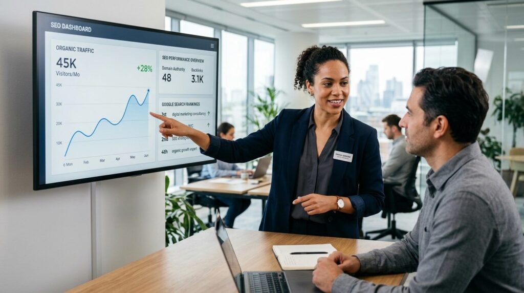 Fotorealistic stock image of a digital marketing consultant