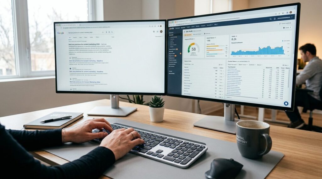 Professional fotorealistic stock photo of hands typing on ke