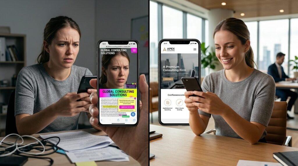 Split-screen conceptual image: left side shows a cluttered,