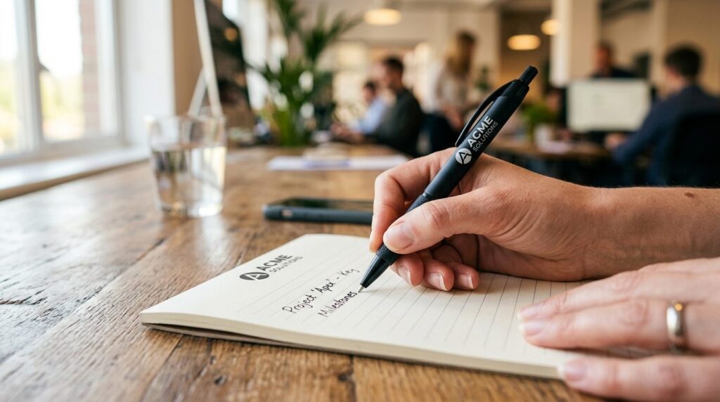 Close-up macro photography of a hand holding a branded pen w