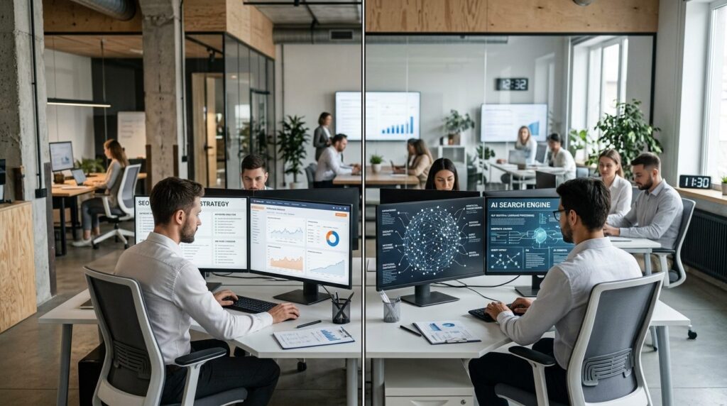 Split-screen conceptual workspace showing traditional SEO op