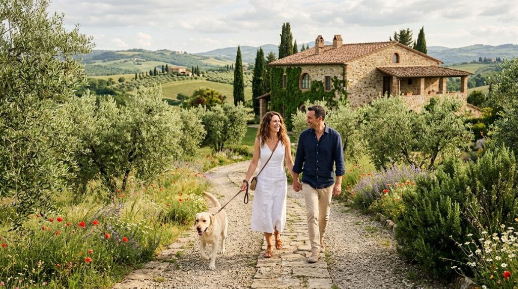 Professional stock photo of a couple with a labrador walking