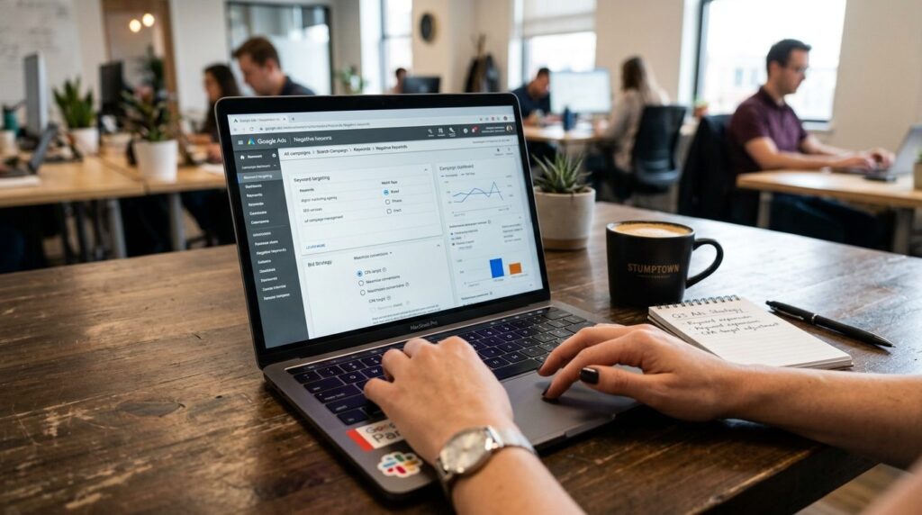 Close-up of marketing professionals hands working on laptop