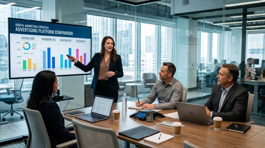 Business consultant presenting digital marketing strategy to