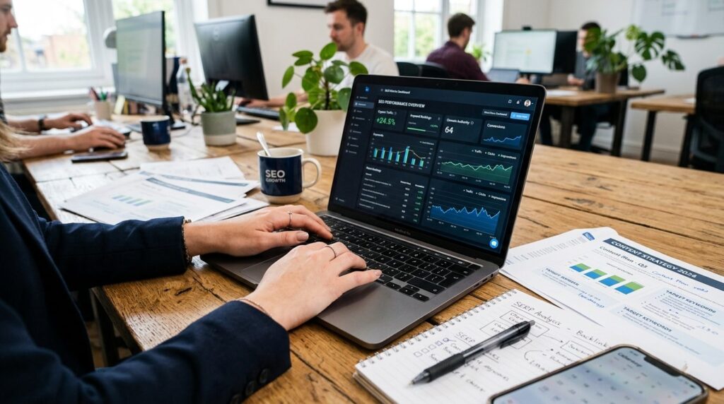 Close-up of hands working on laptop keyboard with SEO metric