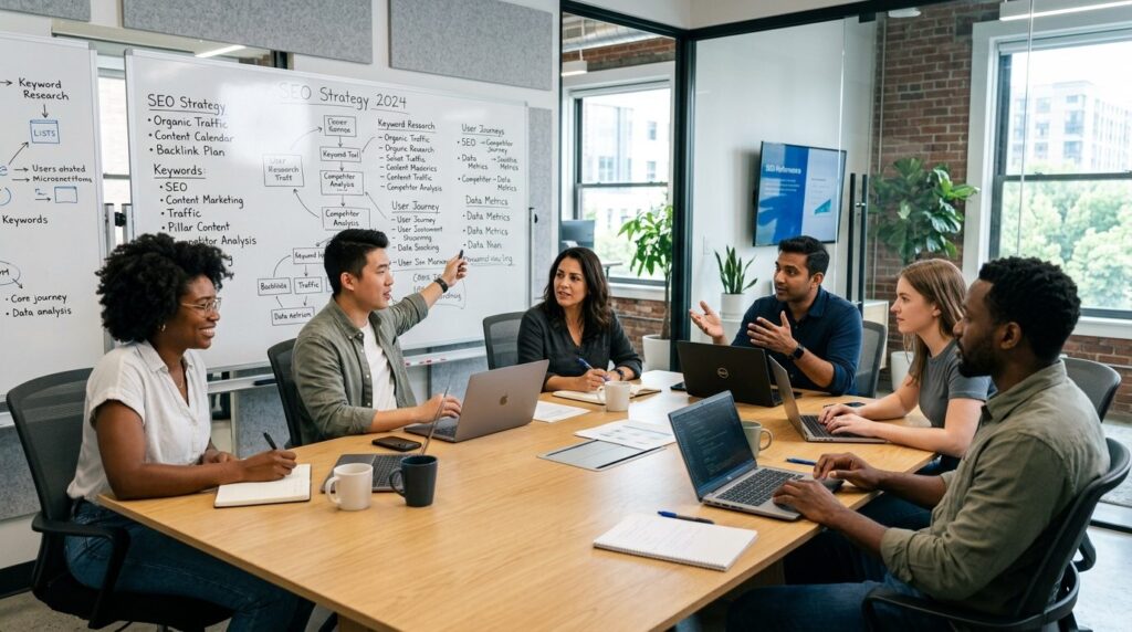 Team meeting in content marketing agency with diverse profes