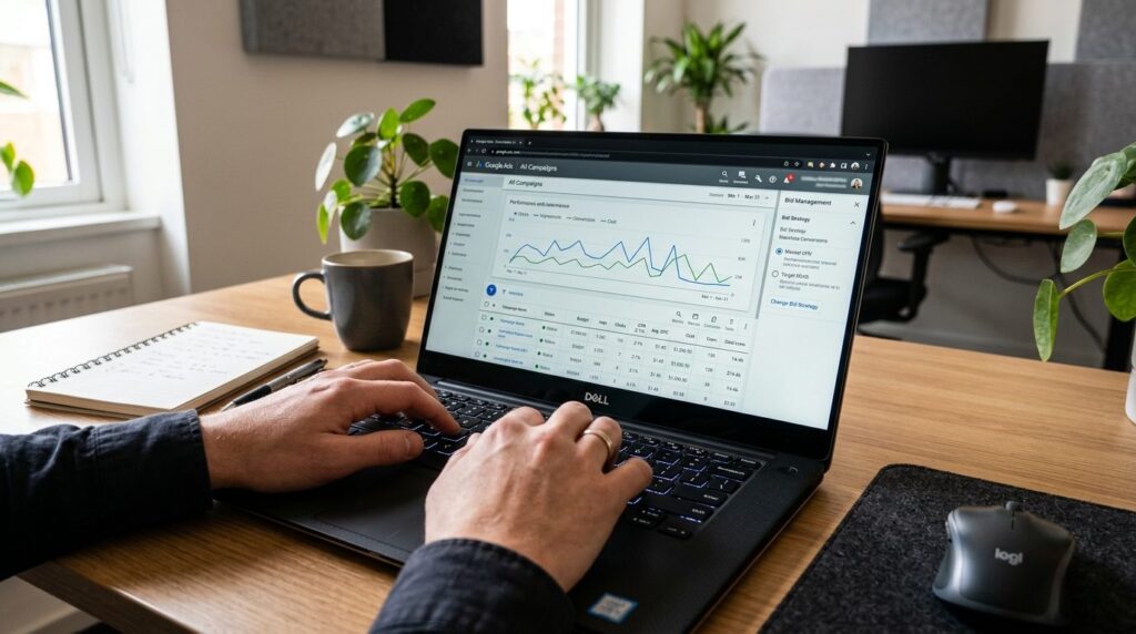 Close-up of hands on keyboard with Google Ads interface visi