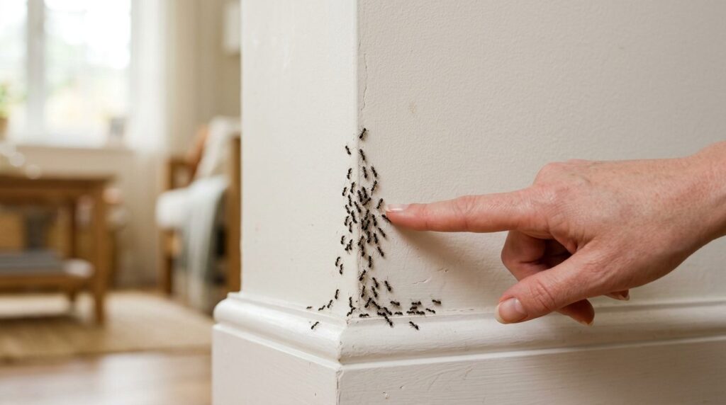 Photorealistic stock image of a homeowners hand pointing at