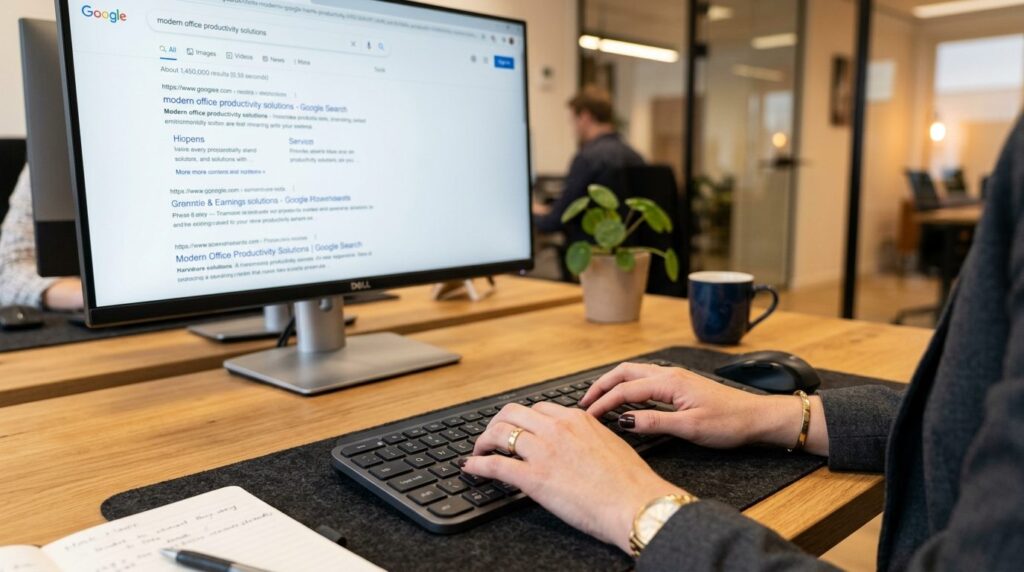 Close-up of hands typing on keyboard with Google search resu