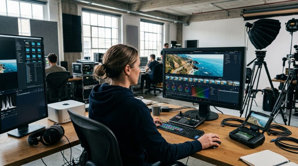 Aerial drone footage control station with video editor revie