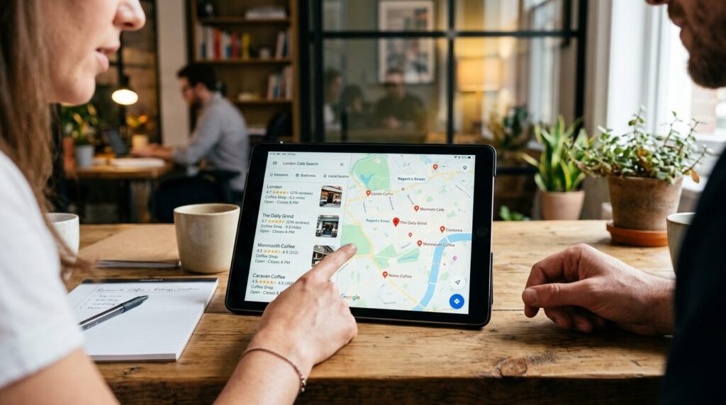 Close-up of hands pointing at a digital tablet displaying lo