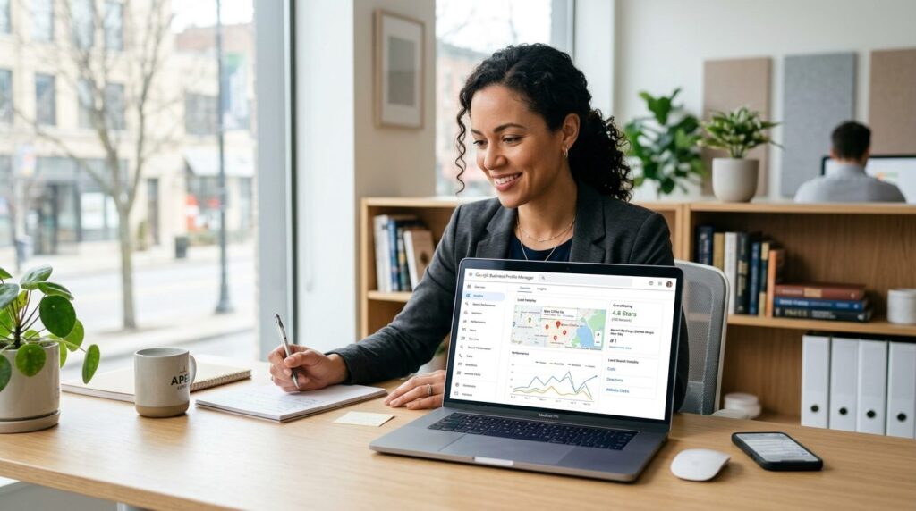 Small business owner reviewing Google Business Profile and l