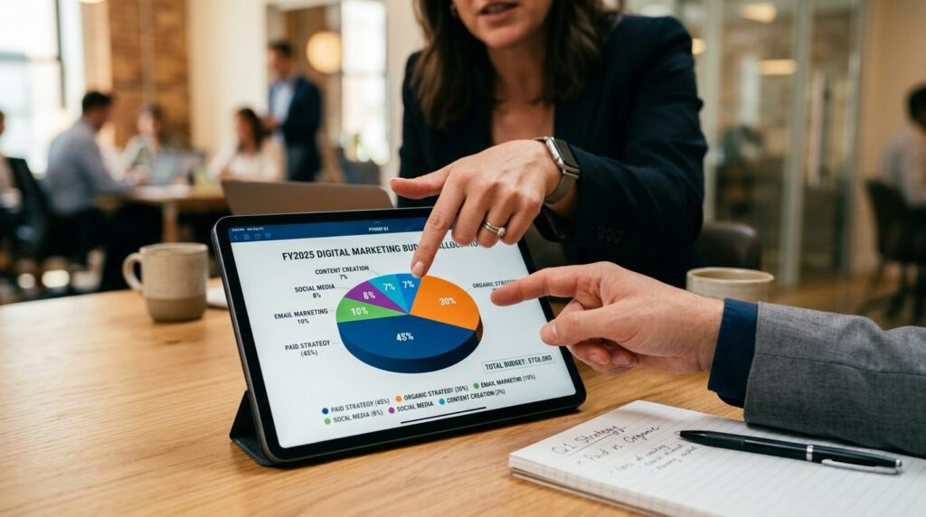 Close-up of hands pointing at digital marketing budget alloc