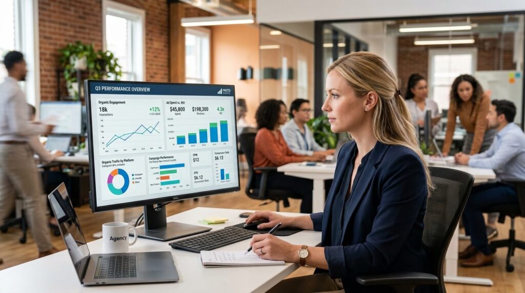 Marketing professional reviewing organic social media engage