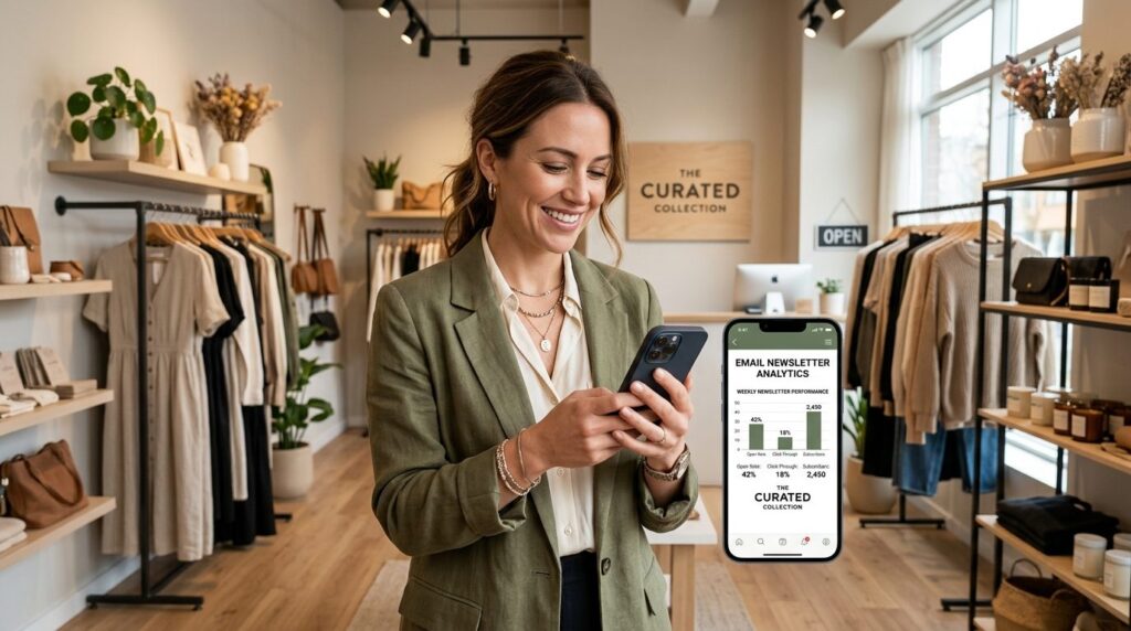Photorealistic image of a retail store owner standing in the