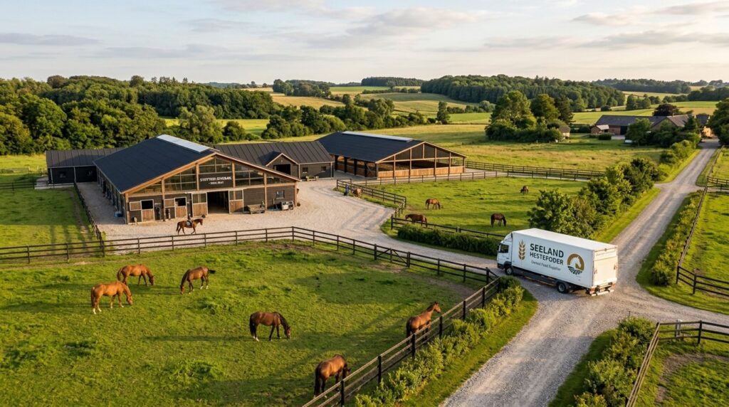 Wide shot of a rural Danish landscape with a modern equestri