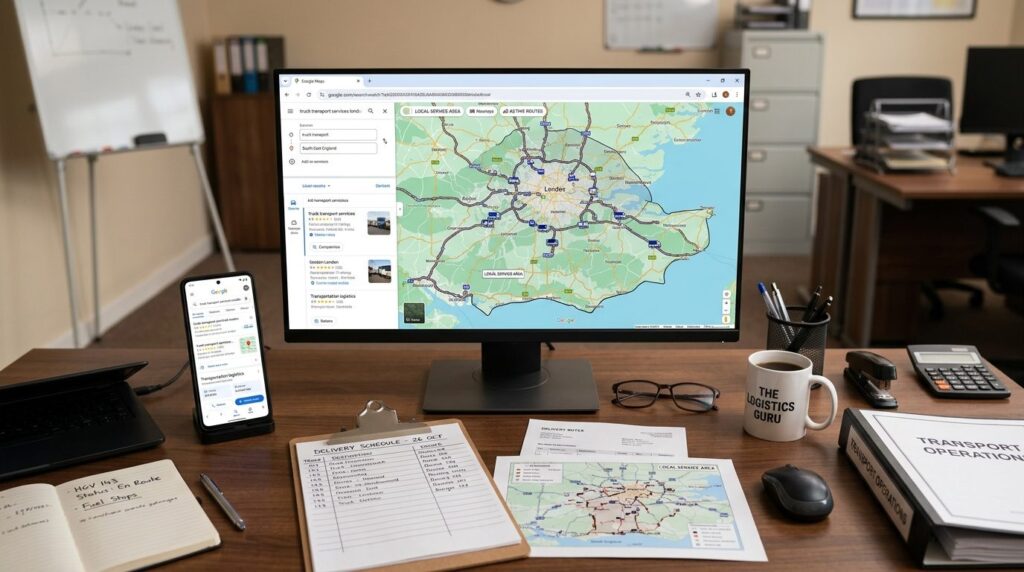 Overhead view of a transport managers desk with Google Maps