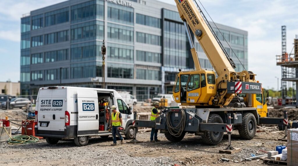 Close-up photograph of a crane truck and cargo van parked at