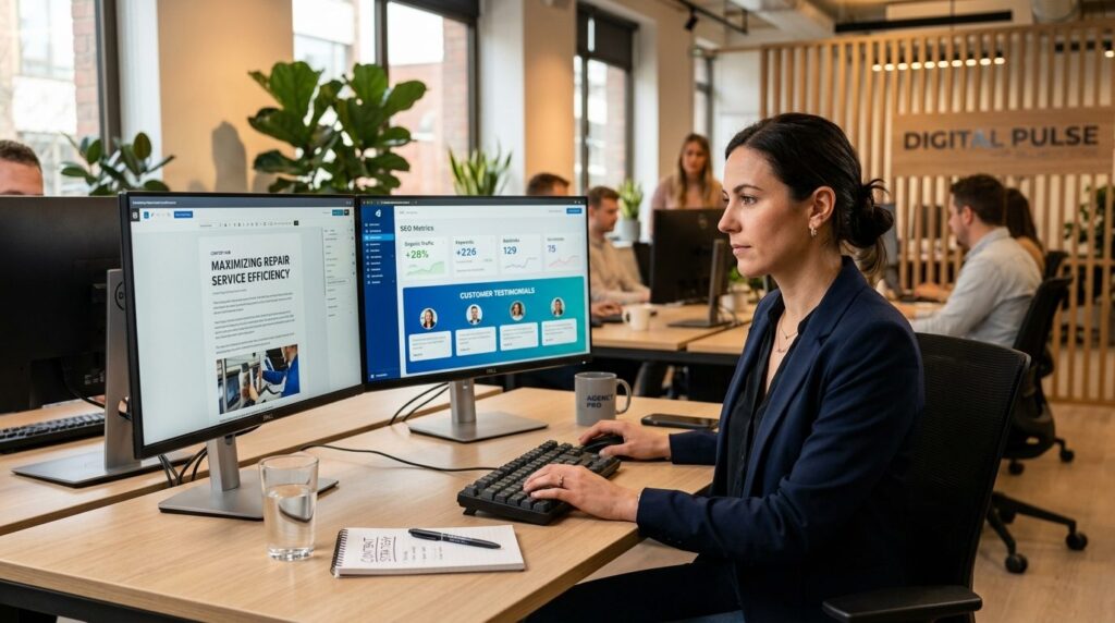 Professional stockfoto, 16:9 aspect ratio. Content marketer