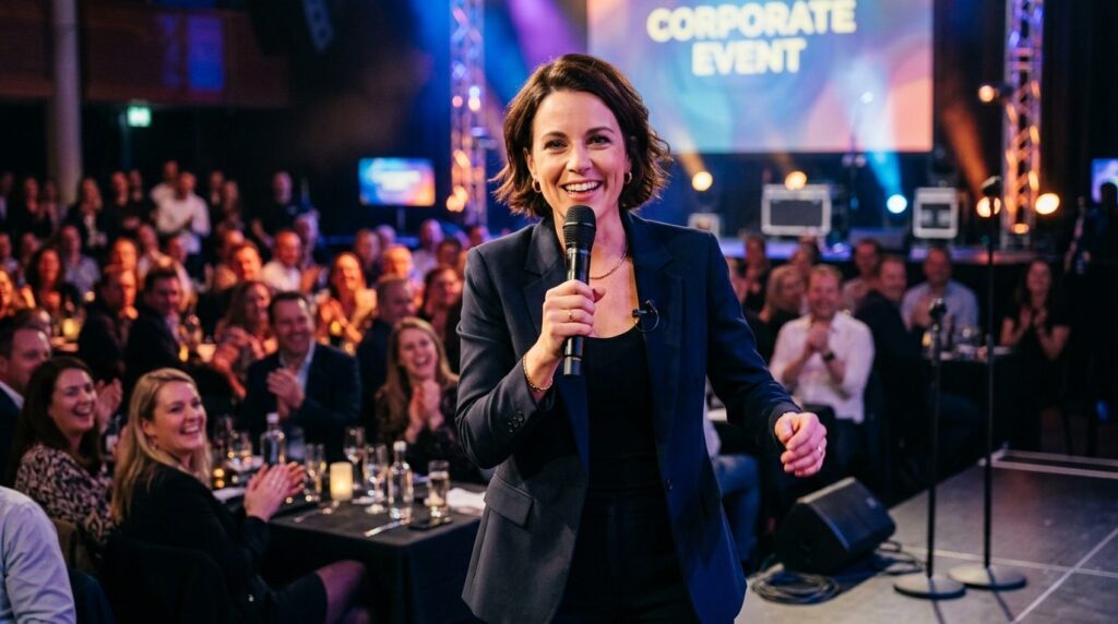 Close-up of professional female comedian performing on stage