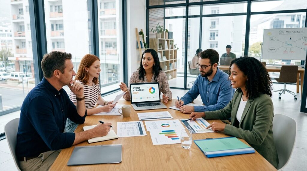 Marketing and event planning team in modern office discussin
