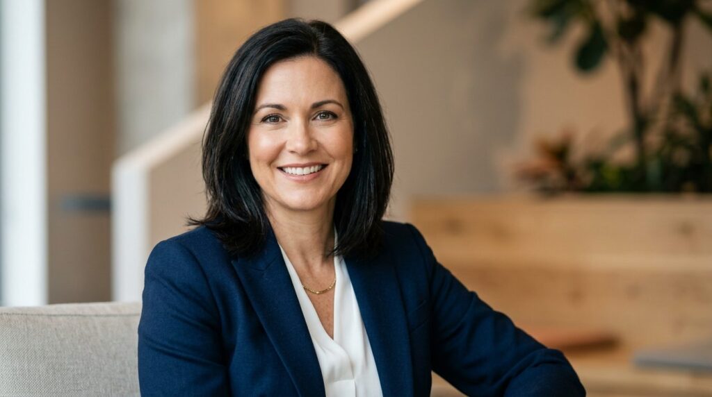 Close-up professional headshot of a confident female busines