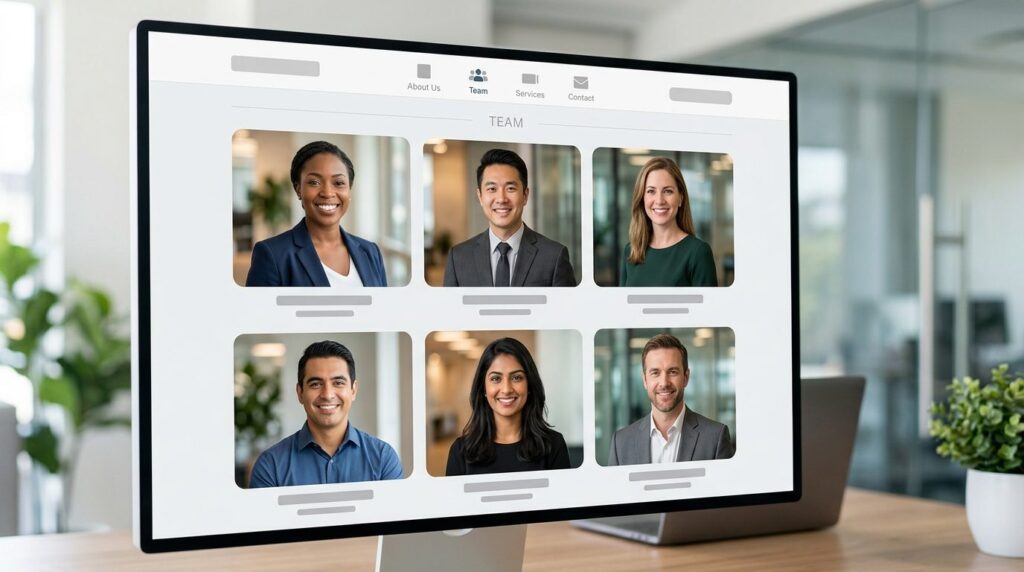 LinkedIn profile style business portraits displayed on compa