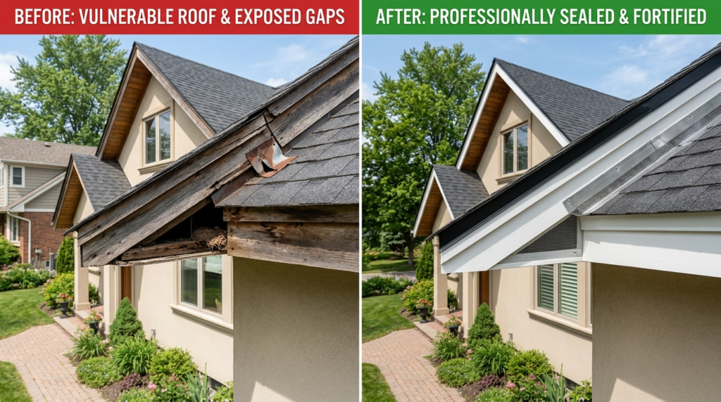 Before and after split-screen style photograph of a home ext