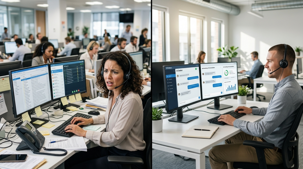 Split-screen concept: left side shows a busy customer servic