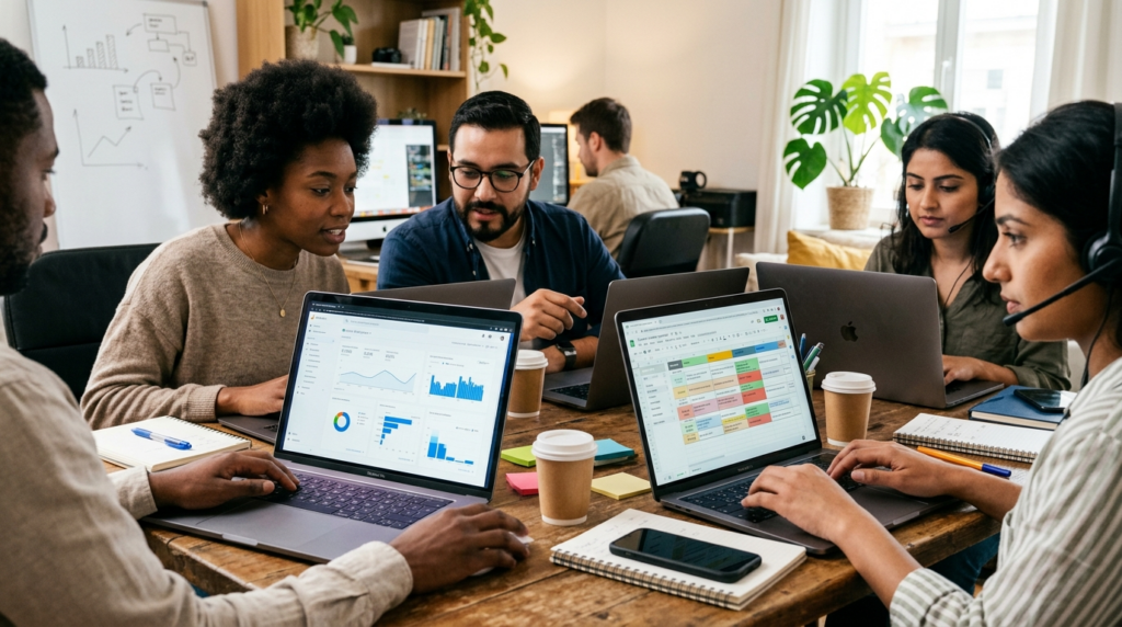 Close-up of a team of diverse freelance specialists working 