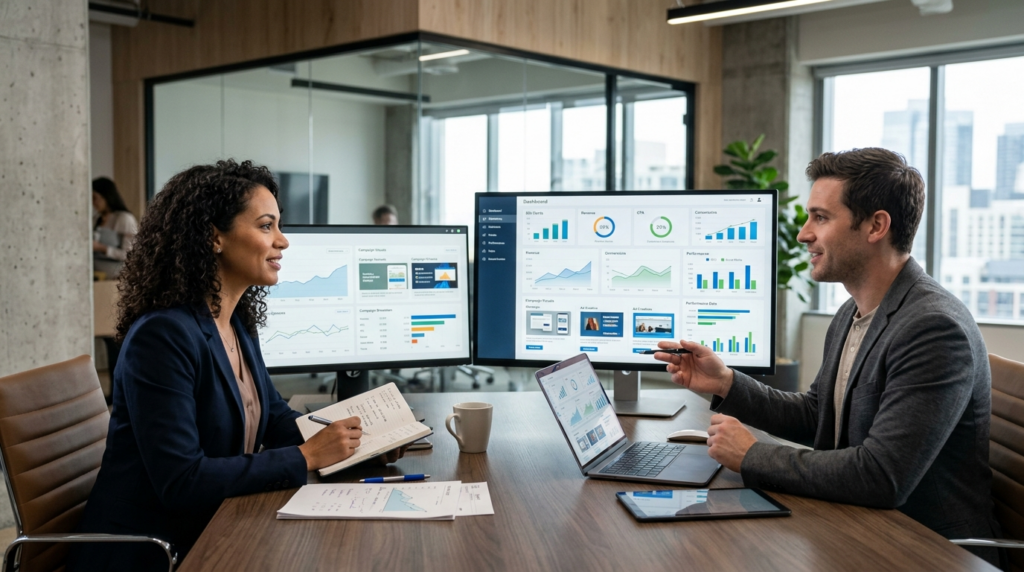 Professional business meeting scene showing small business o