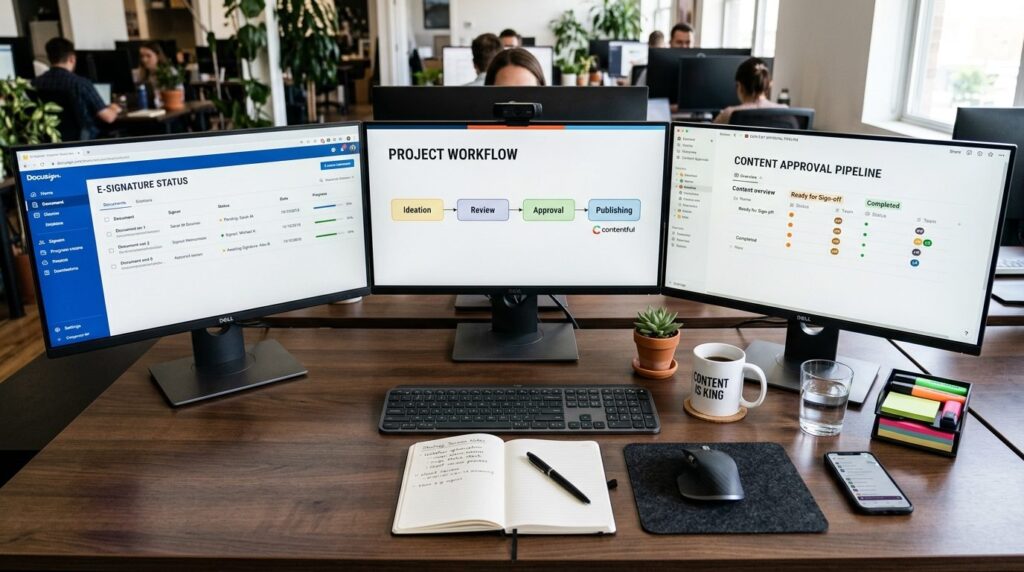Close-up overhead shot of a content strategists desk with m