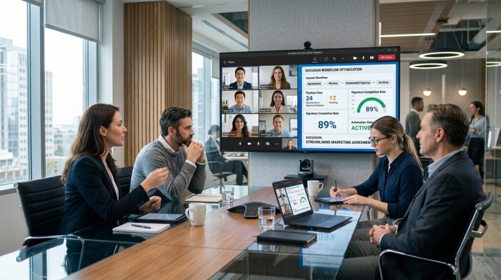 Photorealistic image of a marketing team in a video conferen