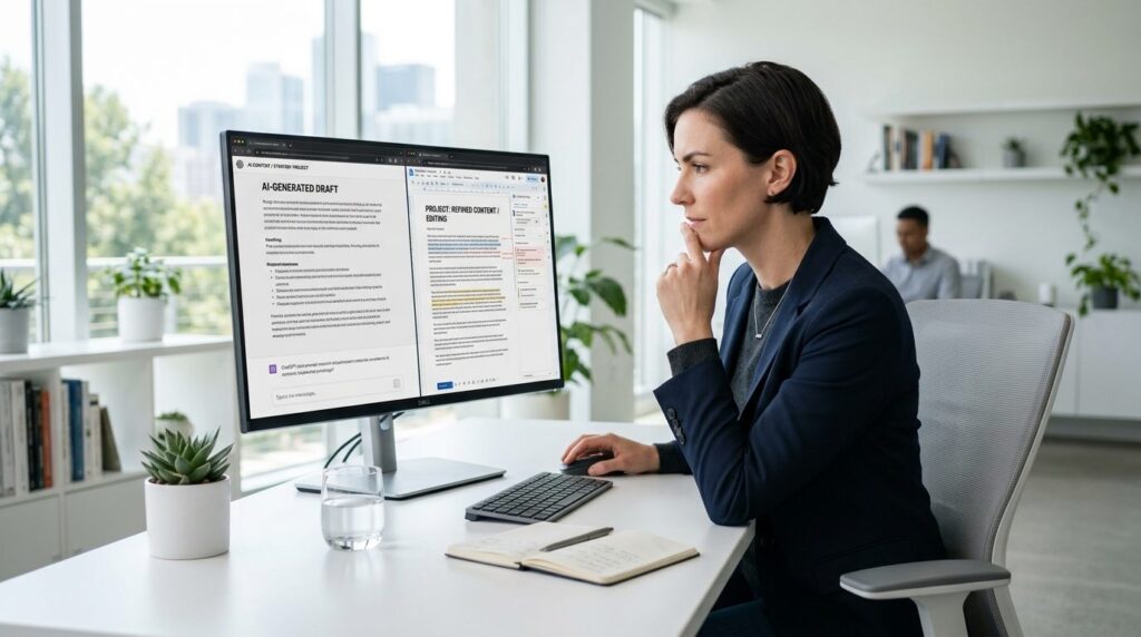 Professional stock photo, 16:9 ratio: A content strategist e