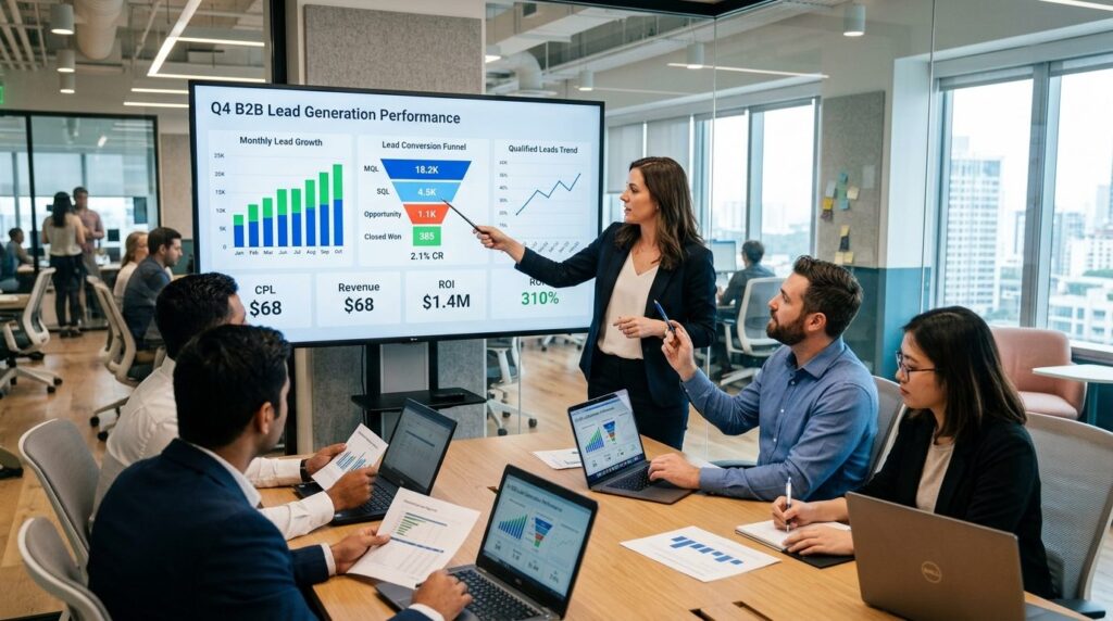 B2B marketing team analyzing lead generation metrics on larg
