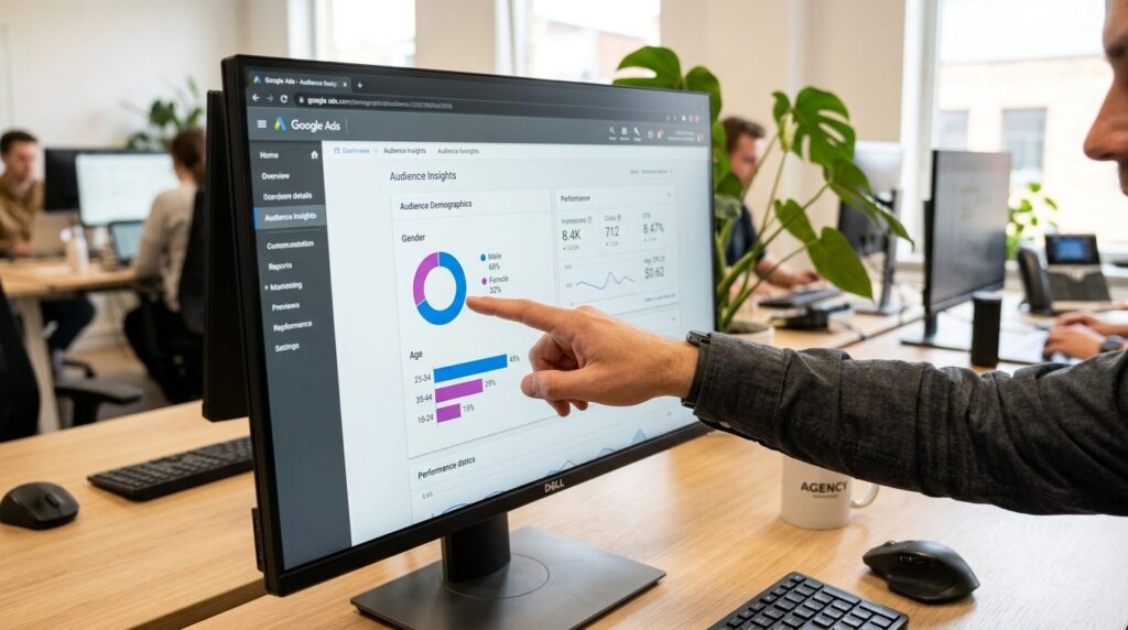 Close-up professional stock photo of a hand pointing at Goog