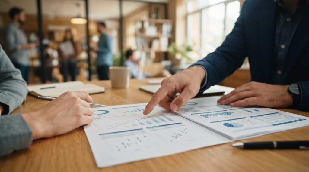 Photorealistic stock image, 16:9 format, close-up of busines
