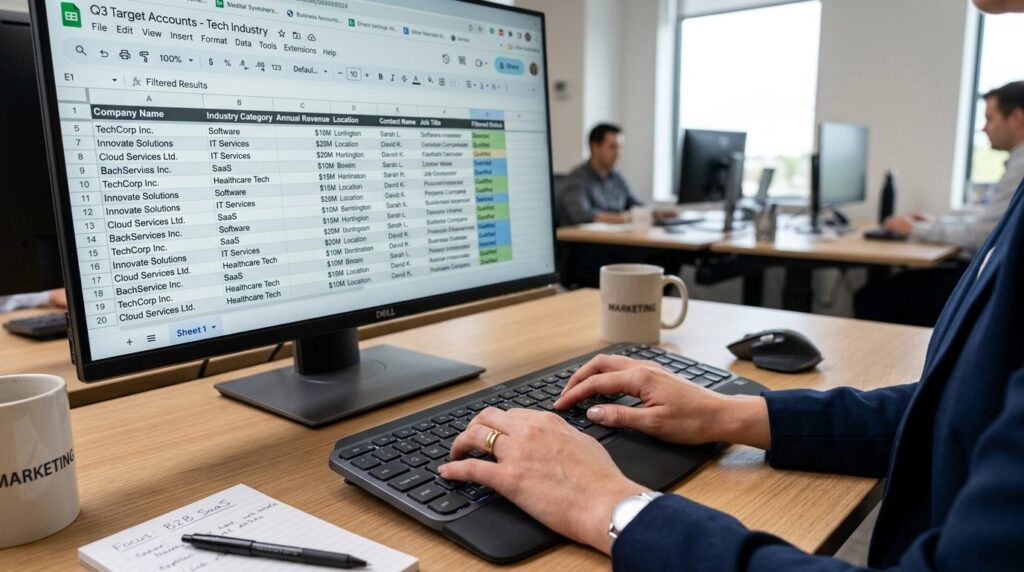 Close-up of a marketers hands typing on keyboard while revi
