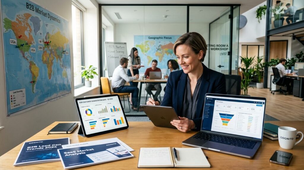 Confident business professional in content marketing agency 