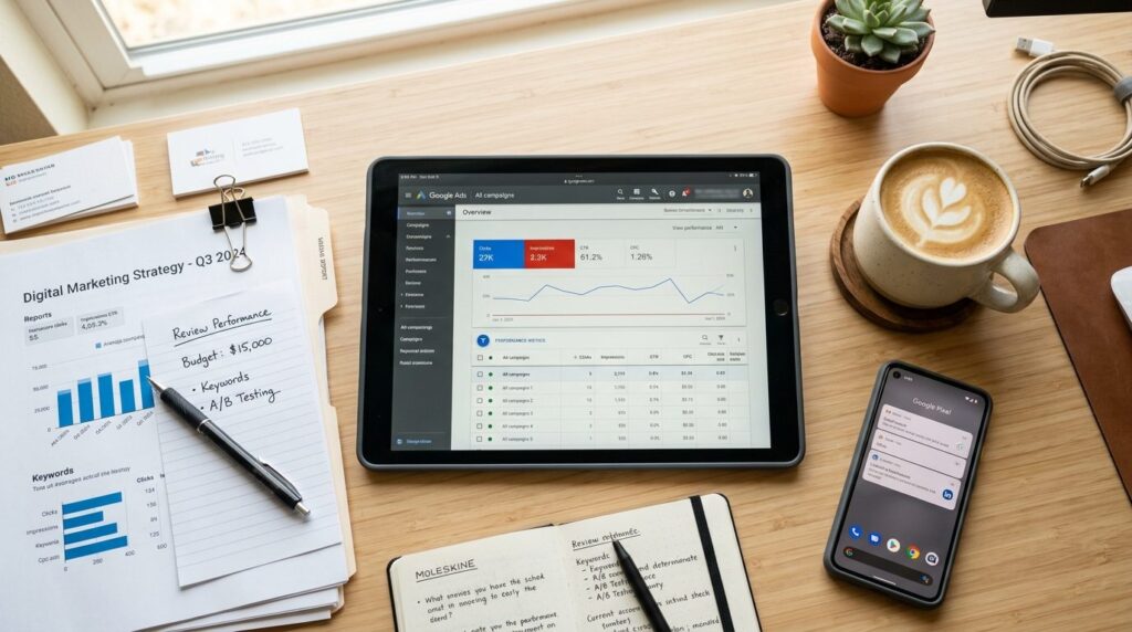 Overhead flatlay composition of marketing workspace with tab