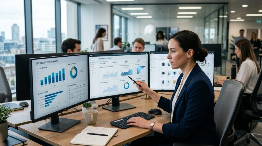 Professional business photo of e-commerce manager analyzing 