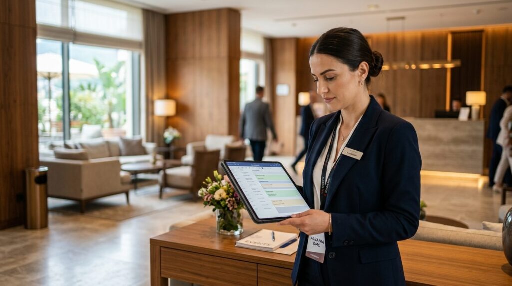 Close-up professional stock photo of a conference organizer 