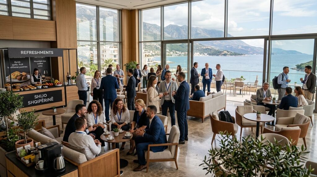 Wide shot of a well-organized conference break area in an Al