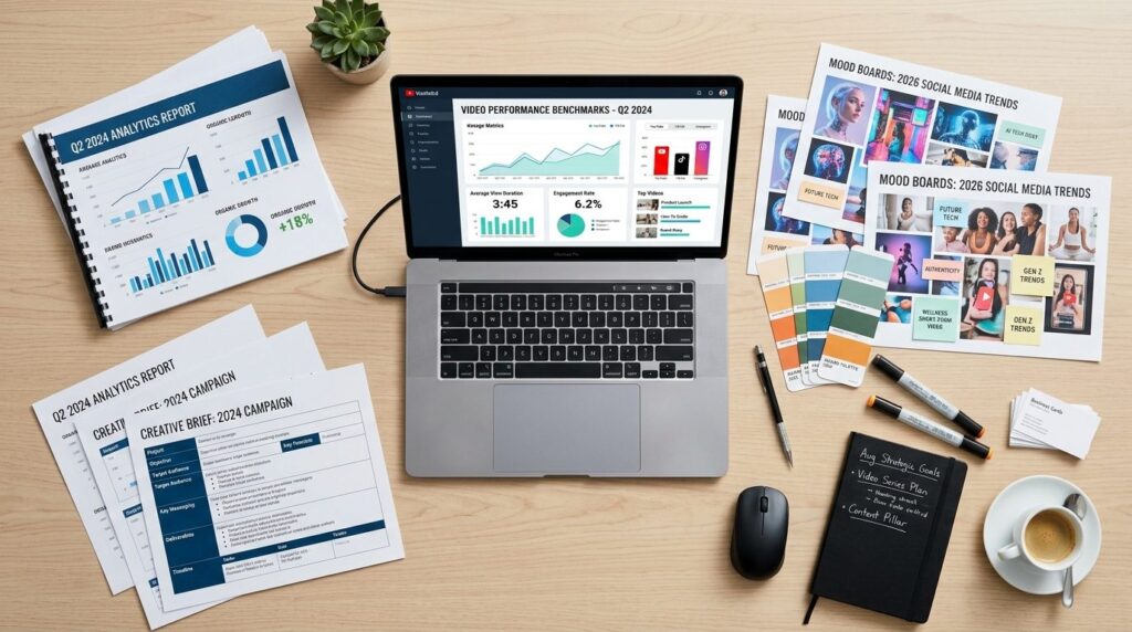 Overhead flat-lay composition of a content marketing strateg